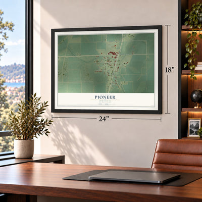 Pioneer, Louisiana map, 18 x 24 inch print in a black frame in a home office