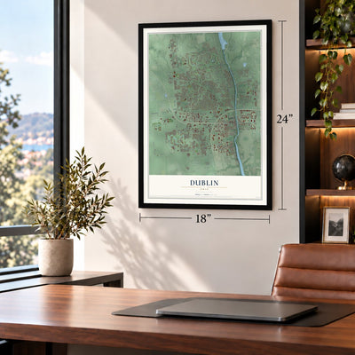 Dublin, Ohio map, 18 x 24 inch print in a black frame in a home office