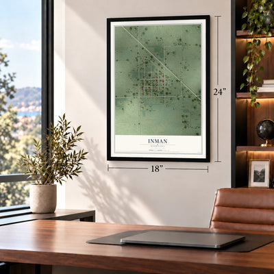 Inman, Nebraska map, 18 x 24 inch print in a black frame in a home office