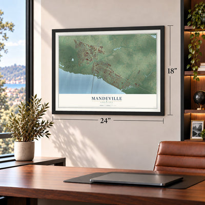 Mandeville, Louisiana map, 18 x 24 inch print in a black frame in a home office