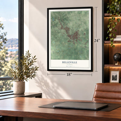 Belleville, Illinois map, 18 x 24 inch print in a black frame in a home office