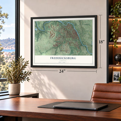 Fredericksburg, Virginia map, 18 x 24 inch print in a black frame in a home office