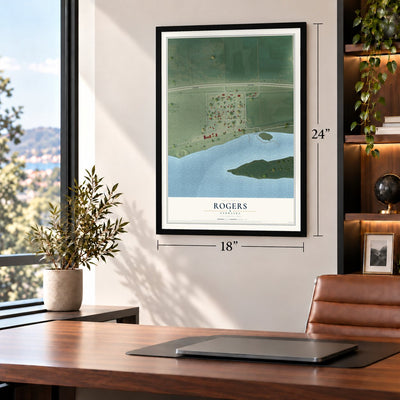 Rogers, Nebraska map, 18 x 24 inch print in a black frame in a home office