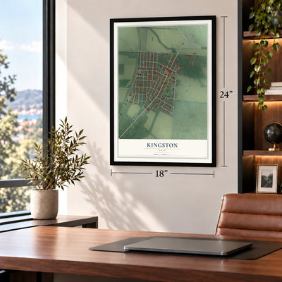 Kingston, Ohio map, 18 x 24 inch print in a black frame in a home office