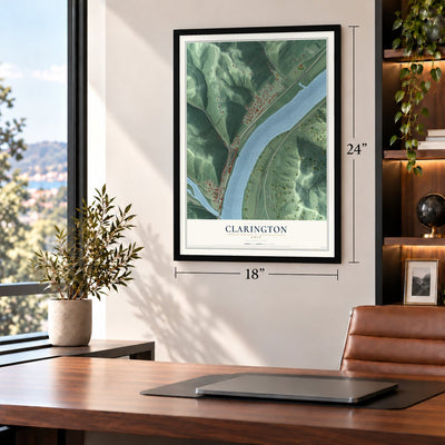 Clarington, Ohio map, 18 x 24 inch print in a black frame in a home office