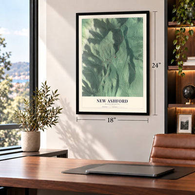 New Ashford, Massachusetts map, 18 x 24 inch print in a black frame in a home office
