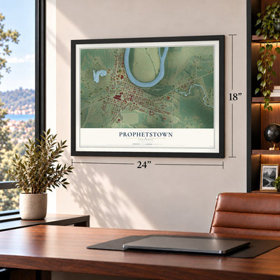 Prophetstown, Illinois map, 18 x 24 inch print in a black frame in a home office