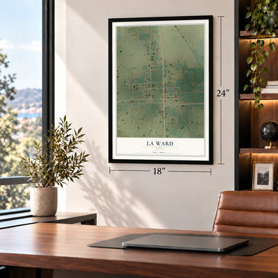 La Ward, Texas map, 18 x 24 inch print in a black frame in a home office