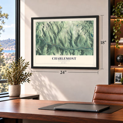 Charlemont, Massachusetts map, 18 x 24 inch print in a black frame in a home office
