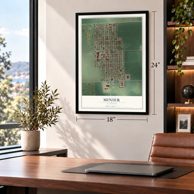 Minier, Illinois map, 18 x 24 inch print in a black frame in a home office