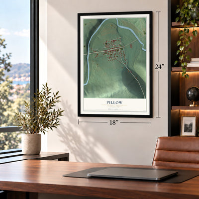 Pillow, Pennsylvania map, 18 x 24 inch print in a black frame in a home office