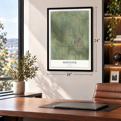 Muenster, Texas map, 18 x 24 inch print in a black frame in a home office
