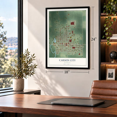 Carson City, Michigan map, 18 x 24 inch print in a black frame in a home office