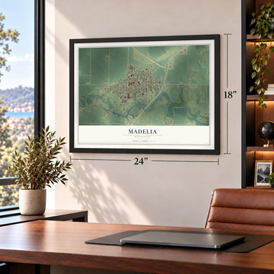 Madelia, Minnesota map, 18 x 24 inch print in a black frame in a home office