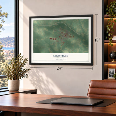 Farmville, North Carolina map, 18 x 24 inch print in a black frame in a home office