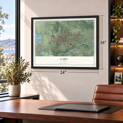 Cary, Illinois map, 18 x 24 inch print in a black frame in a home office