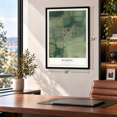 Reading, Kansas map, 18 x 24 inch print in a black frame in a home office