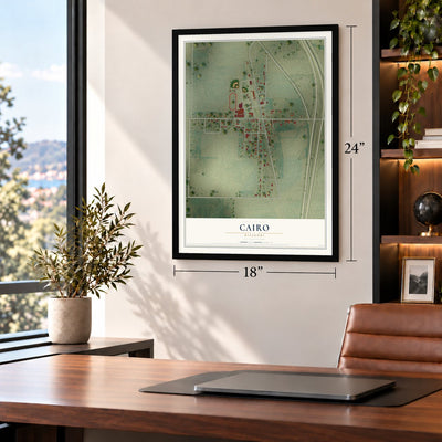 Cairo, Missouri map, 18 x 24 inch print in a black frame in a home office