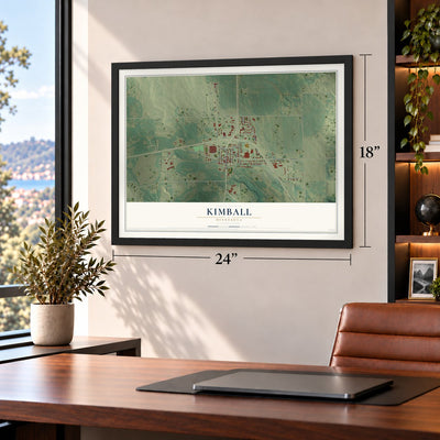 Kimball, Minnesota map, 18 x 24 inch print in a black frame in a home office