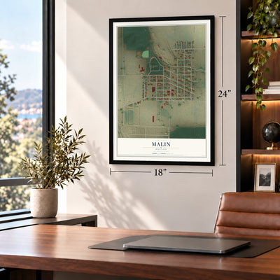 Malin, Oregon map, 18 x 24 inch print in a black frame in a home office