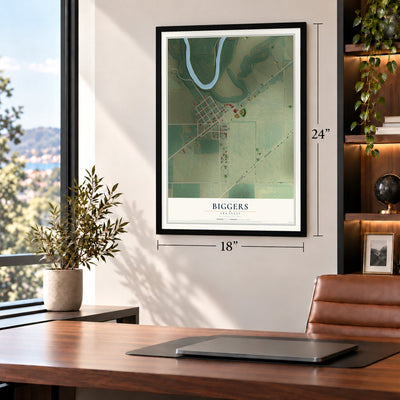 Biggers, Arkansas map, 18 x 24 inch print in a black frame in a home office
