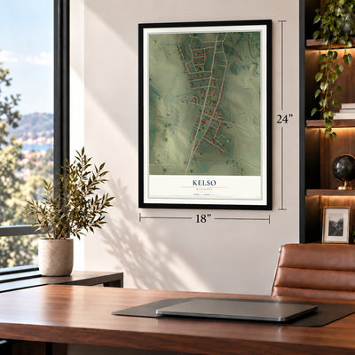 Kelso, Missouri map, 18 x 24 inch print in a black frame in a home office
