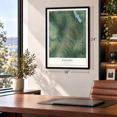 Panama, Illinois map, 18 x 24 inch print in a black frame in a home office