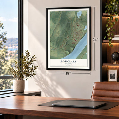 Rosiclare, Illinois map, 18 x 24 inch print in a black frame in a home office