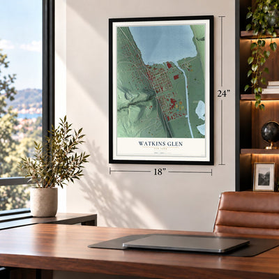 Watkins Glen, New York map, 18 x 24 inch print in a black frame in a home office
