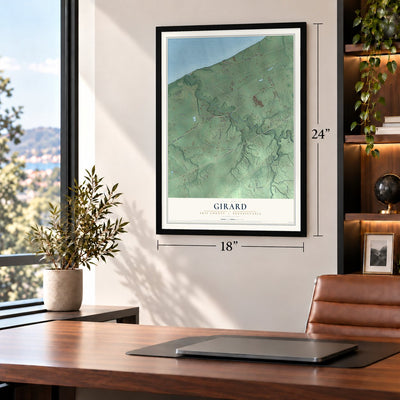 Girard, Erie County, Pennsylvania map, 18 x 24 inch print in a black frame in a home office