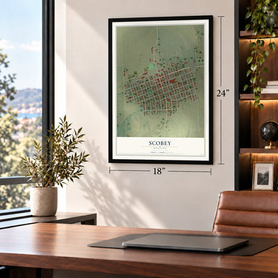 Scobey, Montana map, 18 x 24 inch print in a black frame in a home office