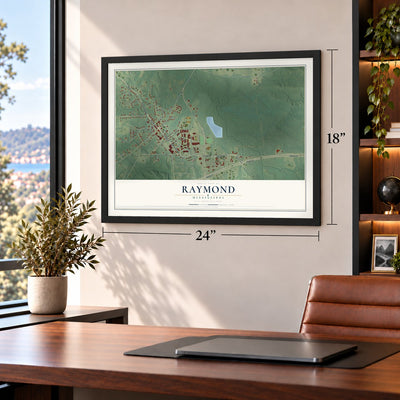 Raymond, Mississippi map, 18 x 24 inch print in a black frame in a home office