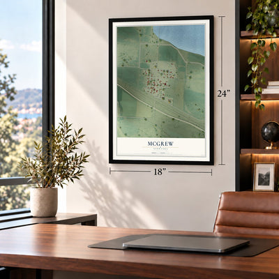 McGrew, Nebraska map, 18 x 24 inch print in a black frame in a home office