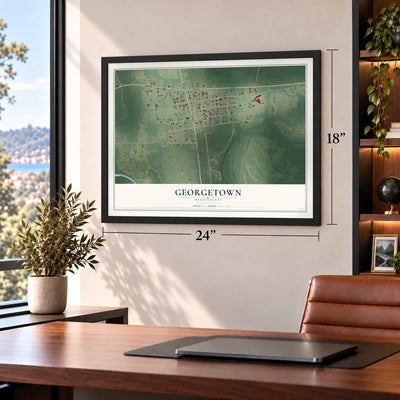 Georgetown, Mississippi map, 18 x 24 inch print in a black frame in a home office