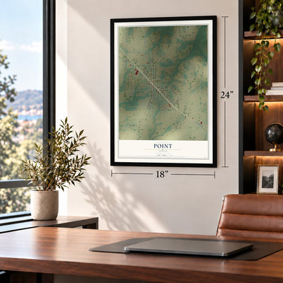 Point, Texas map, 18 x 24 inch print in a black frame in a home office