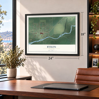 Byron, Wyoming map, 18 x 24 inch print in a black frame in a home office
