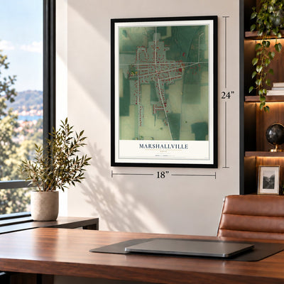 Marshallville, Ohio map, 18 x 24 inch print in a black frame in a home office