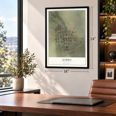 Almira, Washington map, 18 x 24 inch print in a black frame in a home office