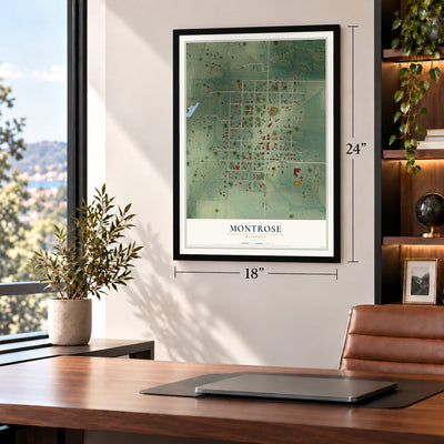 Montrose, Missouri map, 18 x 24 inch print in a black frame in a home office