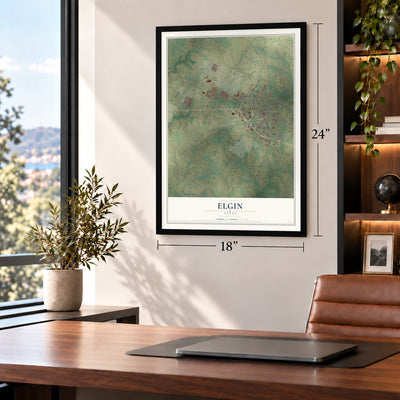 Elgin, Texas map, 18 x 24 inch print in a black frame in a home office