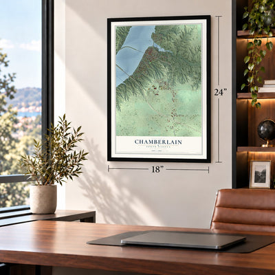 Chamberlain, South Dakota map, 18 x 24 inch print in a black frame in a home office