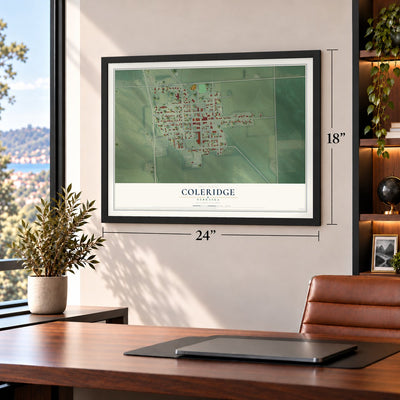 Coleridge, Nebraska map, 18 x 24 inch print in a black frame in a home office