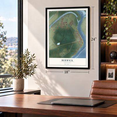 Berwick, Louisiana map, 18 x 24 inch print in a black frame in a home office
