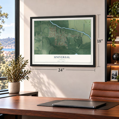 Universal, Indiana map, 18 x 24 inch print in a black frame in a home office
