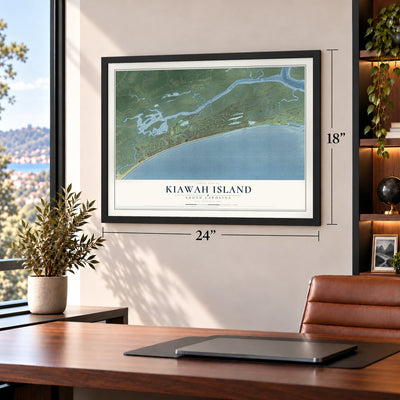 Kiawah Island, South Carolina map, 18 x 24 inch print in a black frame in a home office