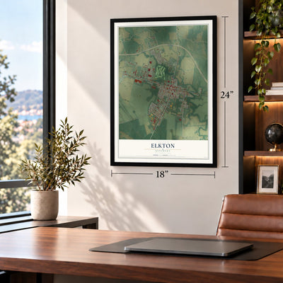Elkton, Kentucky map, 18 x 24 inch print in a black frame in a home office
