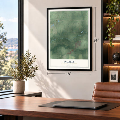 Ingalls, Indiana map, 18 x 24 inch print in a black frame in a home office