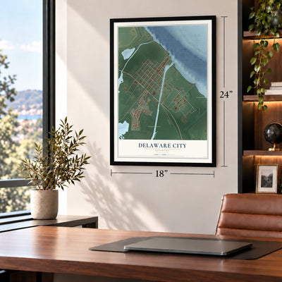 Delaware City, Delaware map, 18 x 24 inch print in a black frame in a home office