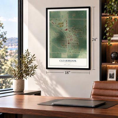 Clearbrook, Minnesota map, 18 x 24 inch print in a black frame in a home office