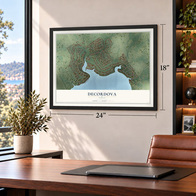 DeCordova, Texas map, 18 x 24 inch print in a black frame in a home office